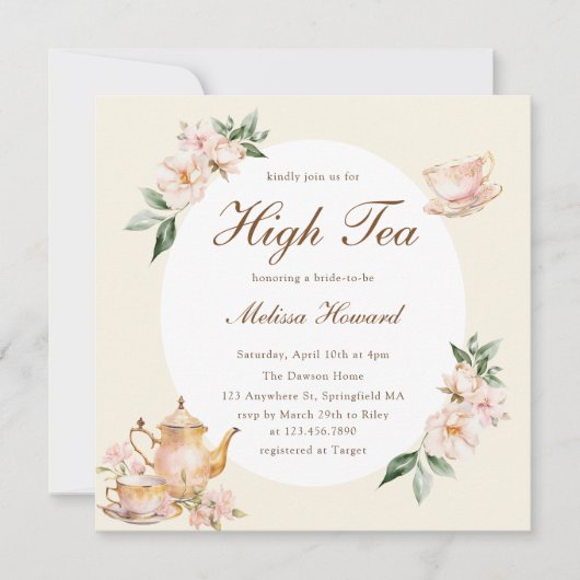 High Tea Pastel Yellow Gold Bridal Shower Einladung (Vorderseite)