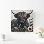 Highland Bull mit Sonnenblume Quadratische Wanduhr (Zuhause)