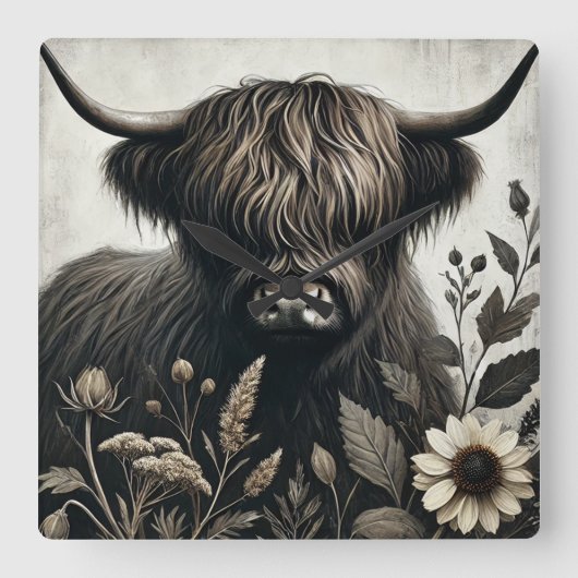 Highland Bull mit Sonnenblume Quadratische Wanduhr (Vorderseite)