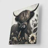 Highland Bull mit Sonnenblume Quadratische Wanduhr (Winkel)