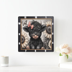 Highland Calf Sunflower Bow Quadratische Wanduhr