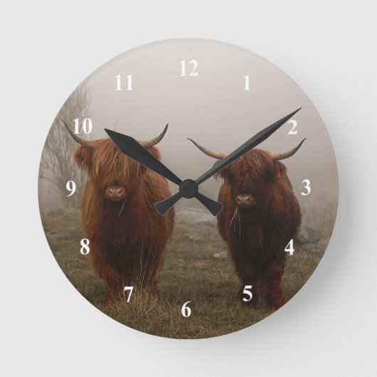 Highland Cattle Fog Foto Runde Wanduhr (Vorderseite)