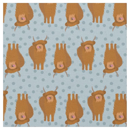 Highland Cattle on Pale Blue Polka Dots Gemustert Stoff (Nahaufnahme)