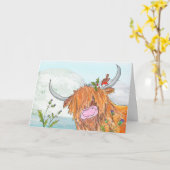 Highland Coo und Rotwein Weihnachtskarte Karte (Gelbe Blume)