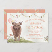 Highland Cow 1st Birthday Party Einladung (Vorne/Hinten)
