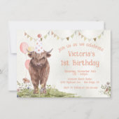 Highland Cow 1st Birthday Party Einladung (Vorderseite)
