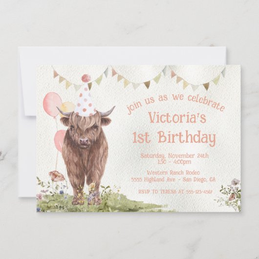 Highland Cow 1st Birthday Party Einladung (Vorderseite)