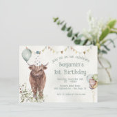 Highland Cow 1st Birthday Party Einladung (Stehend Vorderseite)