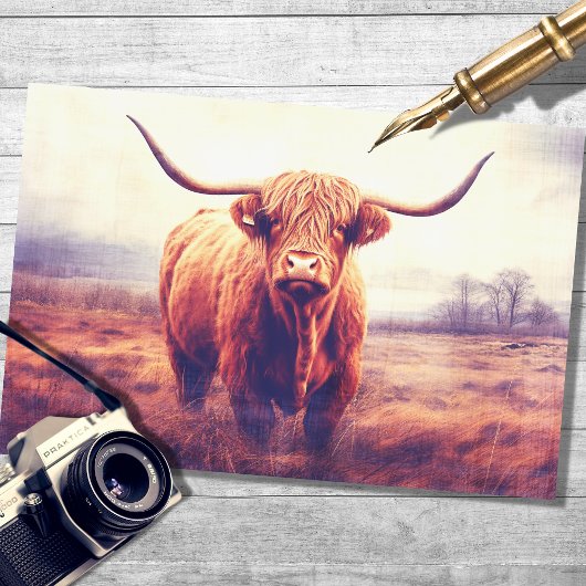 Highland Cow 3 in Foggy Landscape Decoupage Paper Seidenpapier