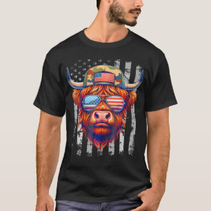 Highland Cow 4. Juli USA Flaggen Vater Vater Ameri T-Shirt
