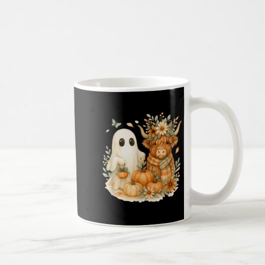 Highland Cow &amp; Ghost Pumpkin Patch Watercolor  Kaffeetasse (Rechts)