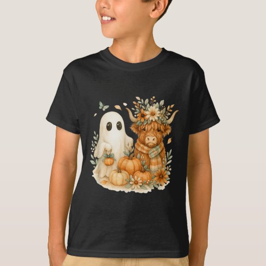 Highland Cow & Ghost Pumpkin Patch Watercolor T-Shirt (Vorderseite)