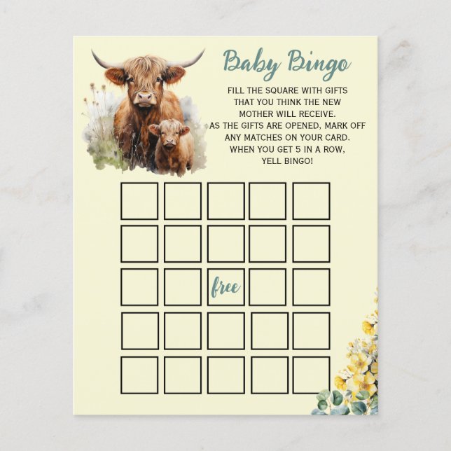 Highland Cow Baby Bingo Game Enclosure Card (Vorderseite)