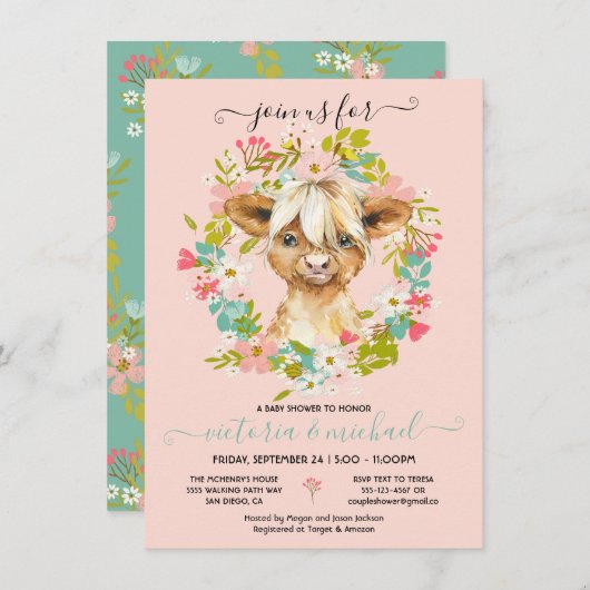 Highland Cow Baby Duschkopf Einladung (Vorne/Hinten)