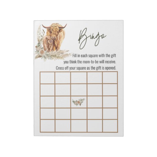 Highland Cow Baby Shower Bingo Game Boho Notizblock (Rotiert)