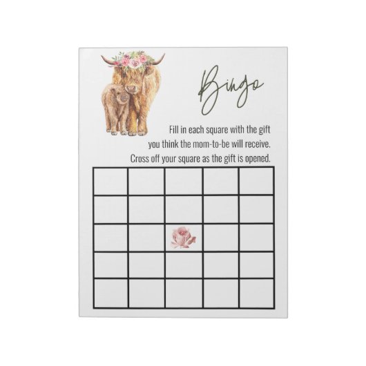 Highland Cow Baby Shower Bingo Game Notizblock (Rotiert)
