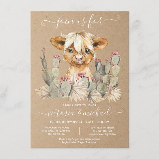Highland Cow Baby Shower Cactus Einladung (Vorderseite)