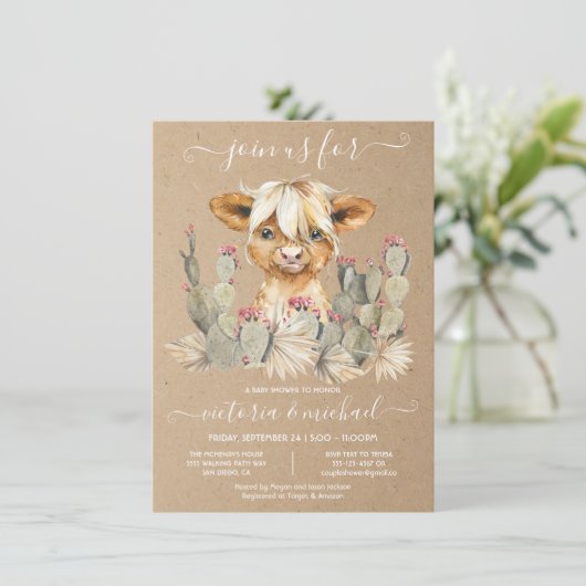 Highland Cow Baby Shower Cactus Einladung (Stehend Vorderseite)