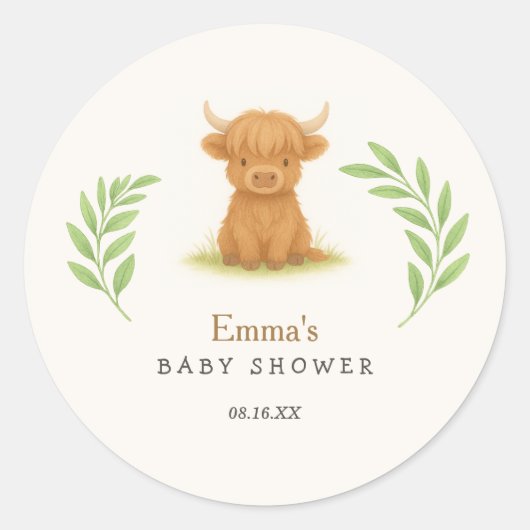 Highland Cow Baby Shower Stickers (Vorderseite)