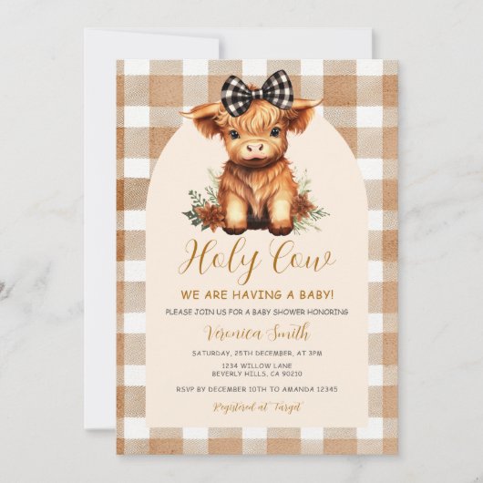 Highland Cow Baby Shower with Bow Gingham Floral Einladung (Vorderseite)
