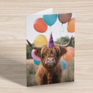 Highland Cow Birthday Balloons Karte