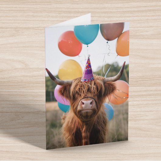 Highland Cow Birthday Balloons Karte