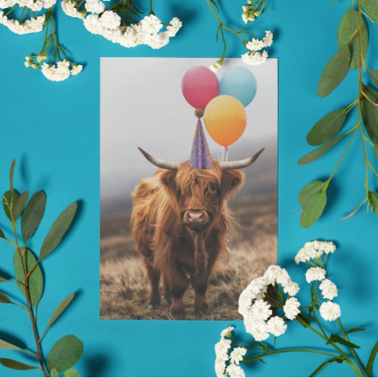 Highland Cow Birthday Balloons Karte