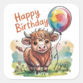 Highland Cow Birthday Quadratischer Aufkleber (Vorderseite)