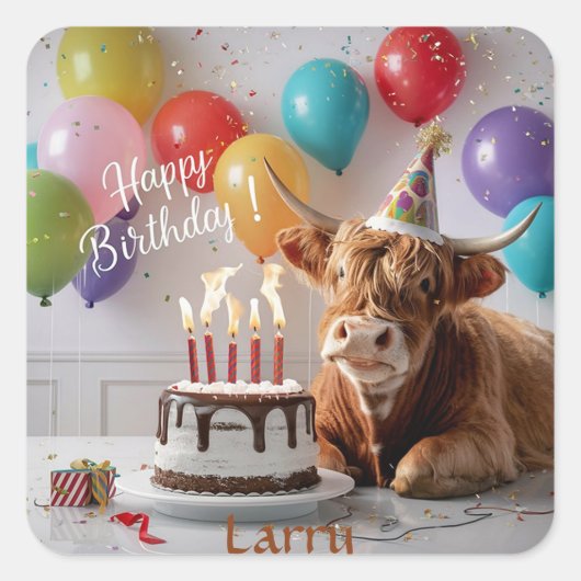 Highland Cow Birthday Quadratischer Aufkleber (Vorderseite)