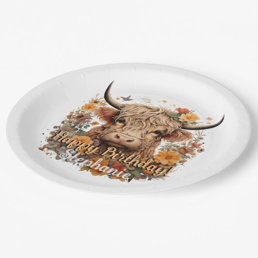 Highland Cow Birthday Shower Plate Pappteller (Schrägansicht)