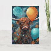 Highland Cow Birthday Whimsical Balloons Karte (Vorderseite)