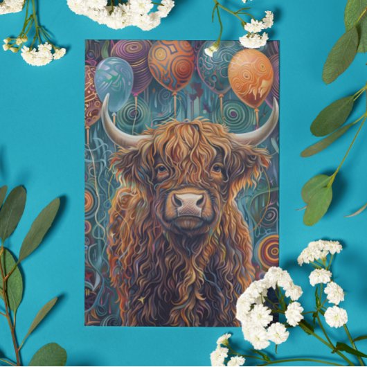 Highland Cow Birthday Whimsical Balloons Karte