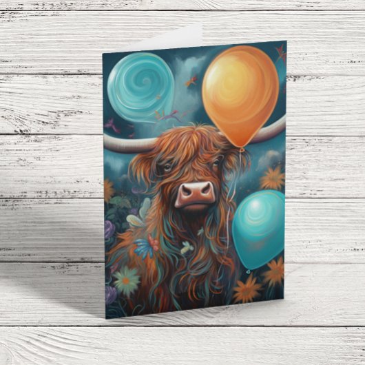 Highland Cow Birthday Whimsical Balloons Karte