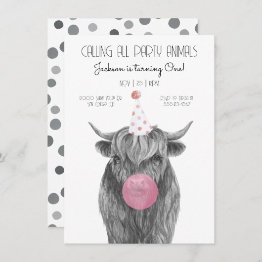 Highland Cow Black and White Birthday Party Einladung (Vorne/Hinten)