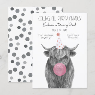 Highland Cow Black and White Birthday Party Einladung