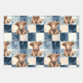 Highland Cow Blue Checkered Watercolor Cute Geschenkpapier Set (Vorderseite 3)
