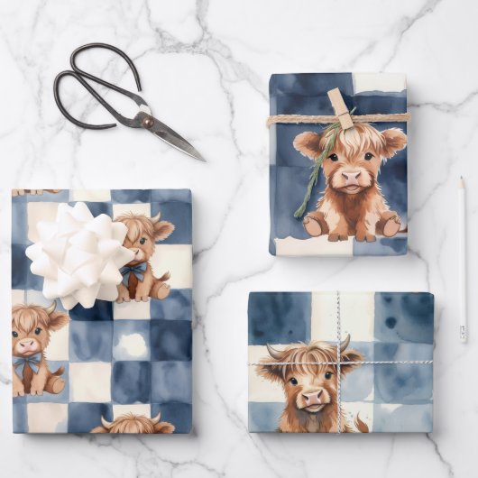 Highland Cow Blue Checkered Watercolor Cute Geschenkpapier Set (Vorderseite)
