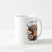 Highland Cow Boho Floral Watercolor Kaffeetasse (VorderseiteRechts)