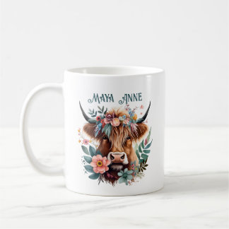 Highland Cow Boho Floral Watercolor Kaffeetasse