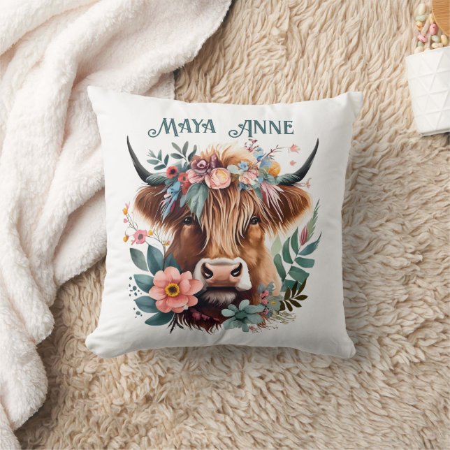 Highland Cow Boho Floral Watercolor Kissen (Decke)