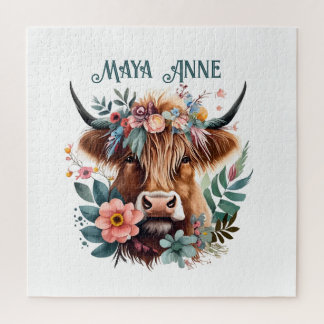 Highland Cow Boho Floral Watercolor Puzzle