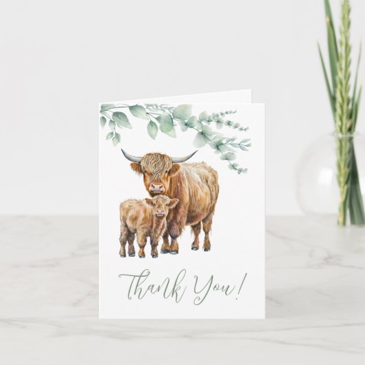 Highland Cow Boho Greenerity Farm Animal Baby Show Dankeskarte (Vorderseite)