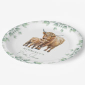 Highland Cow Boho Greenerity Farm Animal Baby Show Pappteller (Schrägansicht)