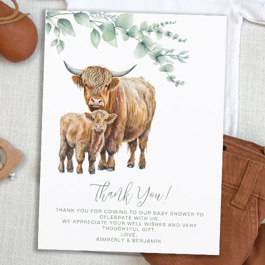 Highland Cow Boho Greenery Baby Shower Vielen Dank Postkarte