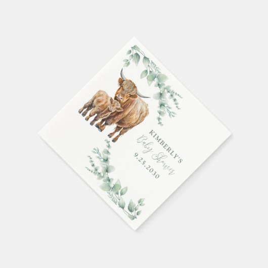 Highland Cow Boho Greenery Eucalyptus Baby Shower Serviette (Ecke)