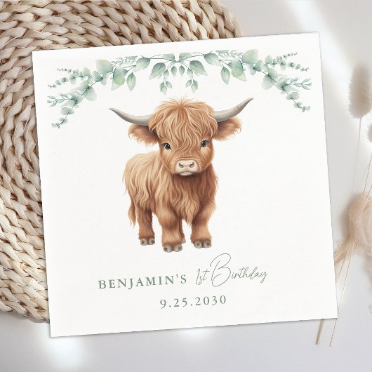 Highland Cow Boho Greenery Farm Animal Birthday Serviette
