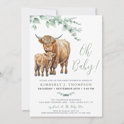 Highland Cow Boho Greenery Sage Baby Shower Einladung (Vorderseite)