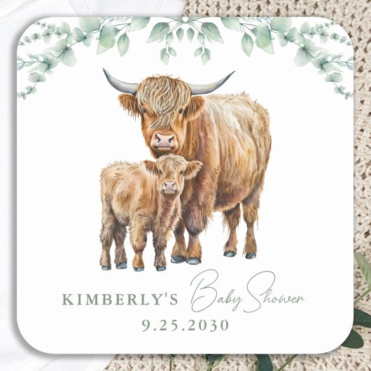 Highland Cow Boho Greenery Sage Baby Shower Quadratischer Aufkleber