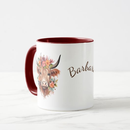 Highland Cow Boho | Name mit Blume Design Tasse (Vorderseite Links)