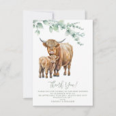 Highland Cow Boho Sage Greenery Baby Shower Dankeskarte (Vorderseite)
